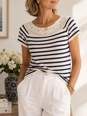 Chaps Petite Navy Stripe Crochet Knit Top Cotton Modal Nautical P/L